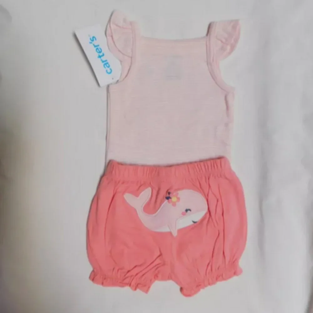Carter's Baby Girls 2-pc. Shorts, Body Suit Set Pink Whale Newborn NWT